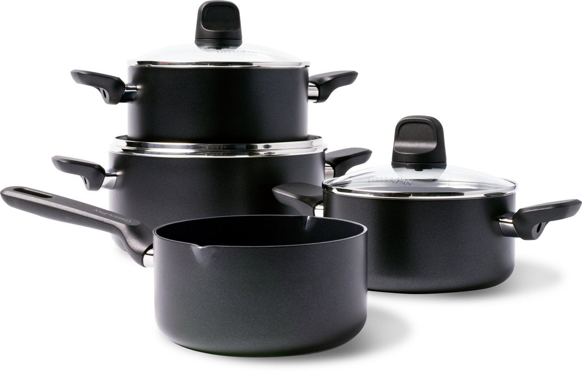 Greenpan Memphis cooking pan set 7-piece - 16 18 20 24cm - 1.6 2.1 3.1 4.9l - pfas-free non-stick coating - induction cooking pan - ceramic pan - oven safe up to 160°c - cold handles - with glass lid - black