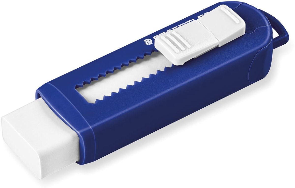 Borrador Staedtler sin PVC con mecanismo deslizante azul blanco