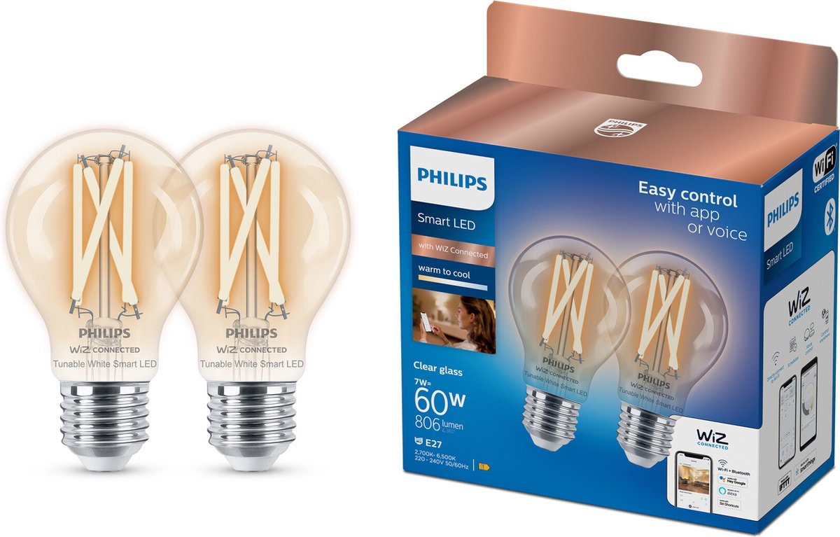 Philips smart lighting - lamp filament 2-pack - smart LED lighting - warm to cool white light - e27 - 60w - transparent - wi-fi