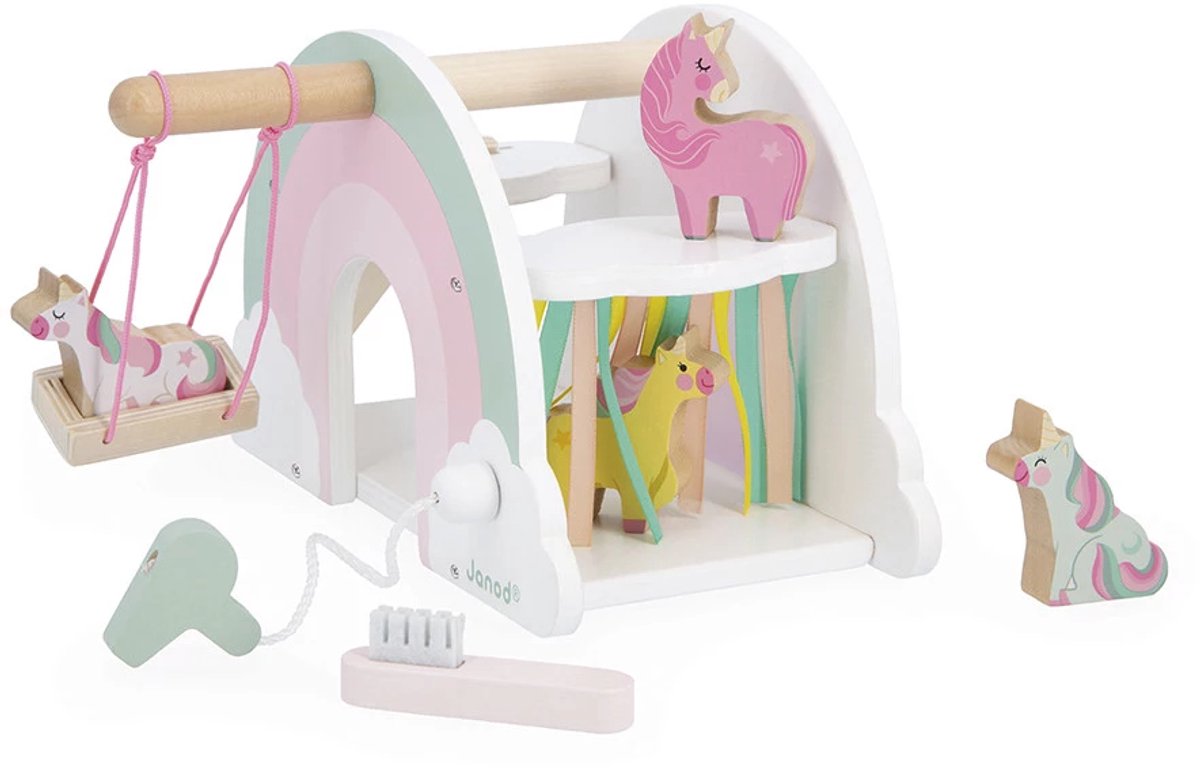 Janod - unicorn - eenhoorn wasstraat - inclusief 4 eenhoornfiguurtjes en 2 accessoires