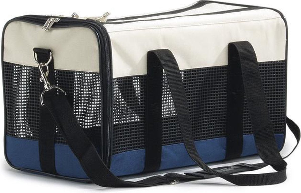 Borsa da viaggio Beeztees gatto - borsa da trasporto - cestino da viaggio - 2 aperture - con scomparto portaoggetti extra - blu crema - 43x25x27 cm