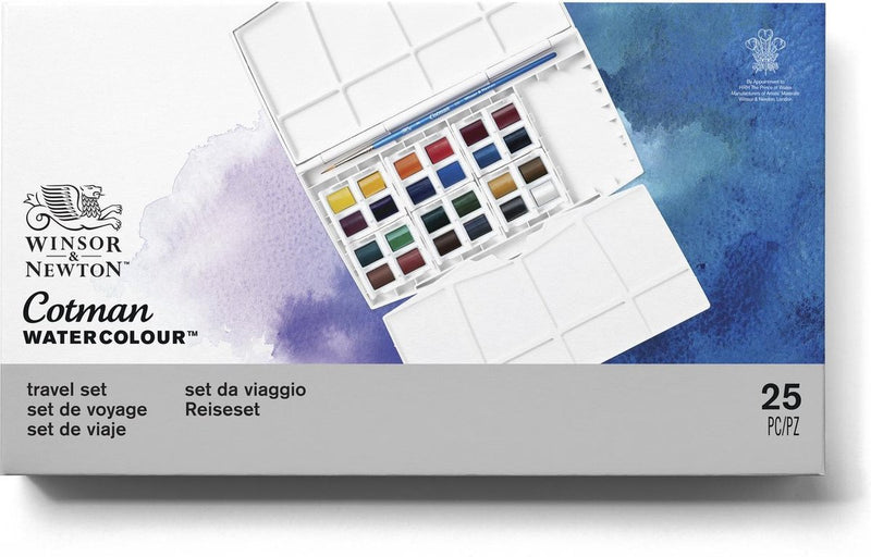 Winsor Newton 0390376 Set di colori ad acquerello Cotman – set da viaggio – 24 mezze pentole – set completo di acquerelli con tavolozze di miscelazione di pennelli
