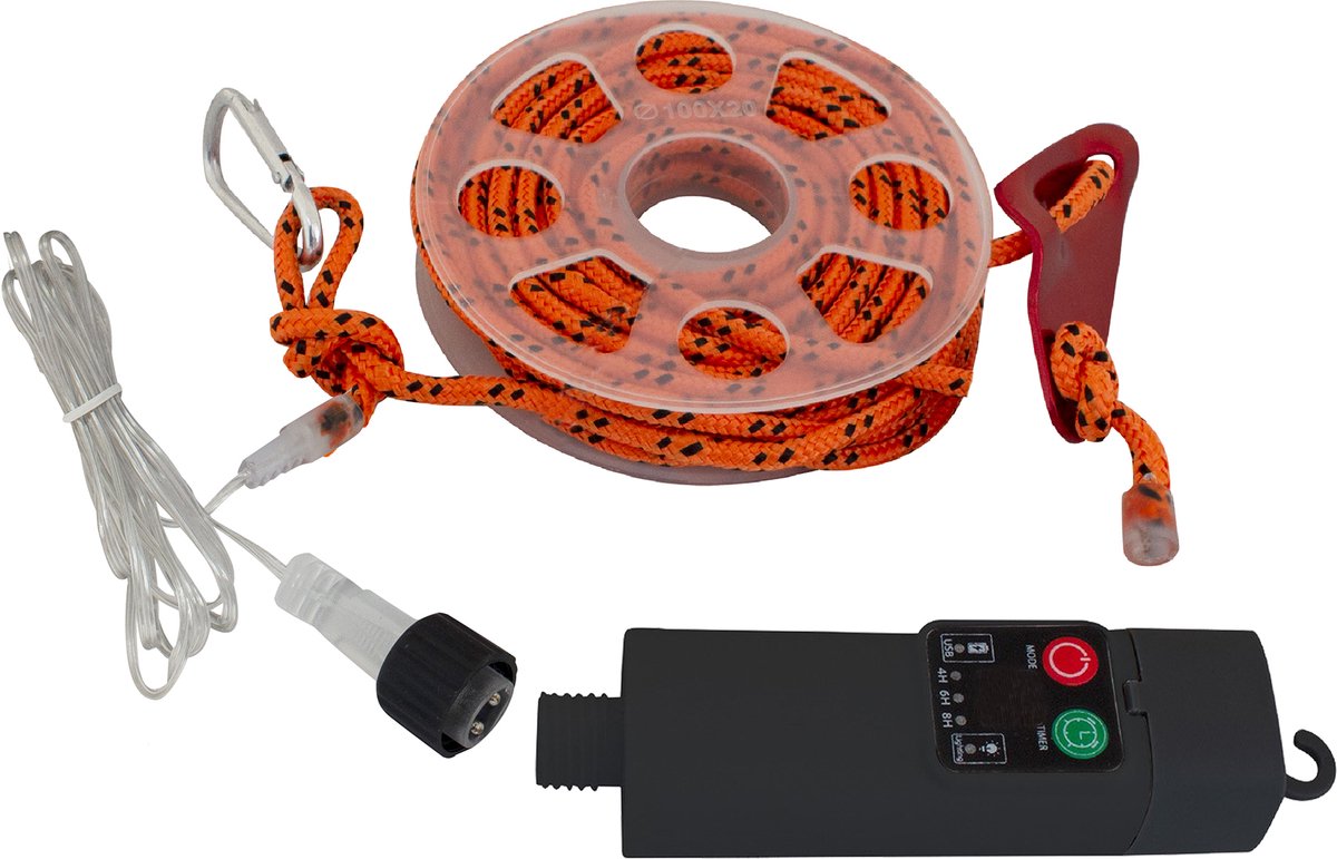 Cuerda de sujeción iluminada Eurotrail - cuerda de seguridad - cuerda de sujeción LED - naranja - recargable - resistente al agua - 8 ajustes de luz