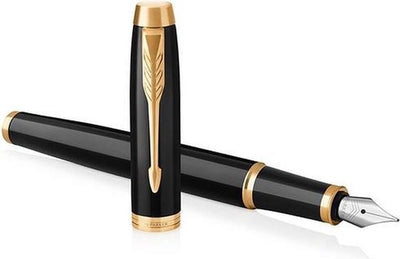 Pluma estilográfica Parker IM - punta media - tinta azul - laca negra con acabado dorado - incl. caja de regalo