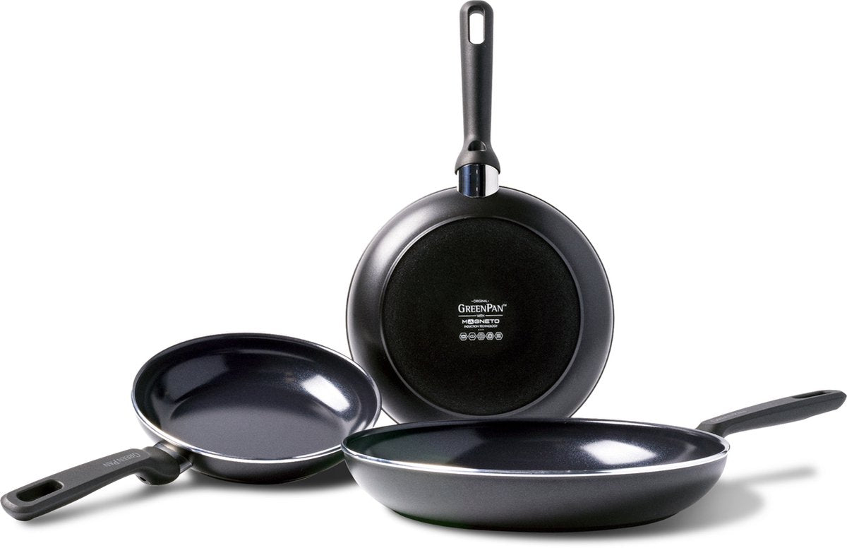 Greenpan Memphis set padelle 3 pezzi - 20 24 28 cm - rivestimento antiaderente senza pfas - set padelle per induzione - padella in ceramica - resistente al forno fino a 160°C - manici freddi - nero