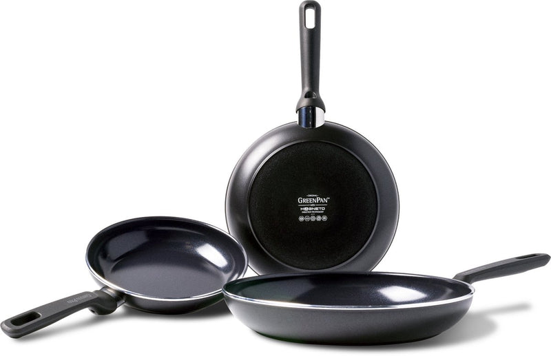 Greenpan Memphis set padelle 3 pezzi - 20 24 28 cm - rivestimento antiaderente senza pfas - set padelle per induzione - padella in ceramica - resistente al forno fino a 160°C - manici freddi - nero