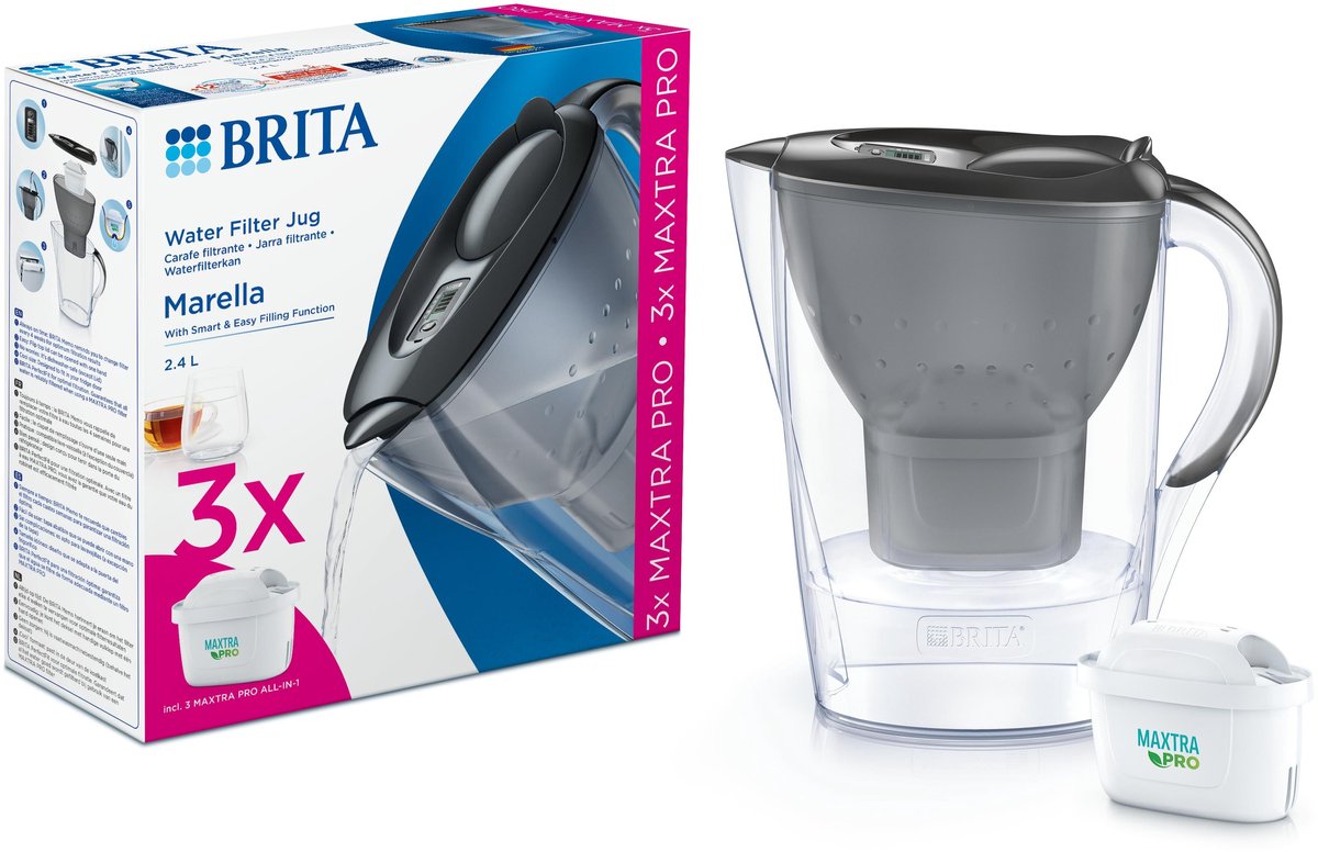 Brita - waterfilterkan - marella cool - 2,4l - grijs - incl. 3 maxtra pro all-in-1 waterfilterpatronen - voordeelverpakking