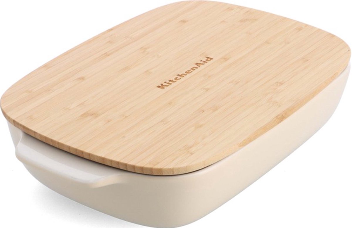 Fuente para hornear Kitchenaid con tapa de bambú - pequeña: 0,9 l - apta para microondas y horno hasta 260°c sin tapa - blanco almendra