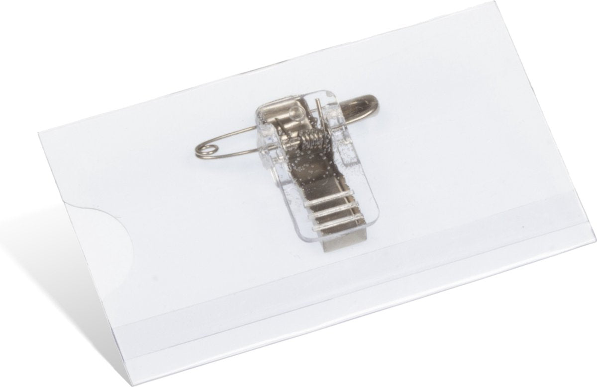 Placa con nombre canguro - 40x75mm - con clip, pin y tarjetas insertables blanco - caja 24 piezas - k-44100