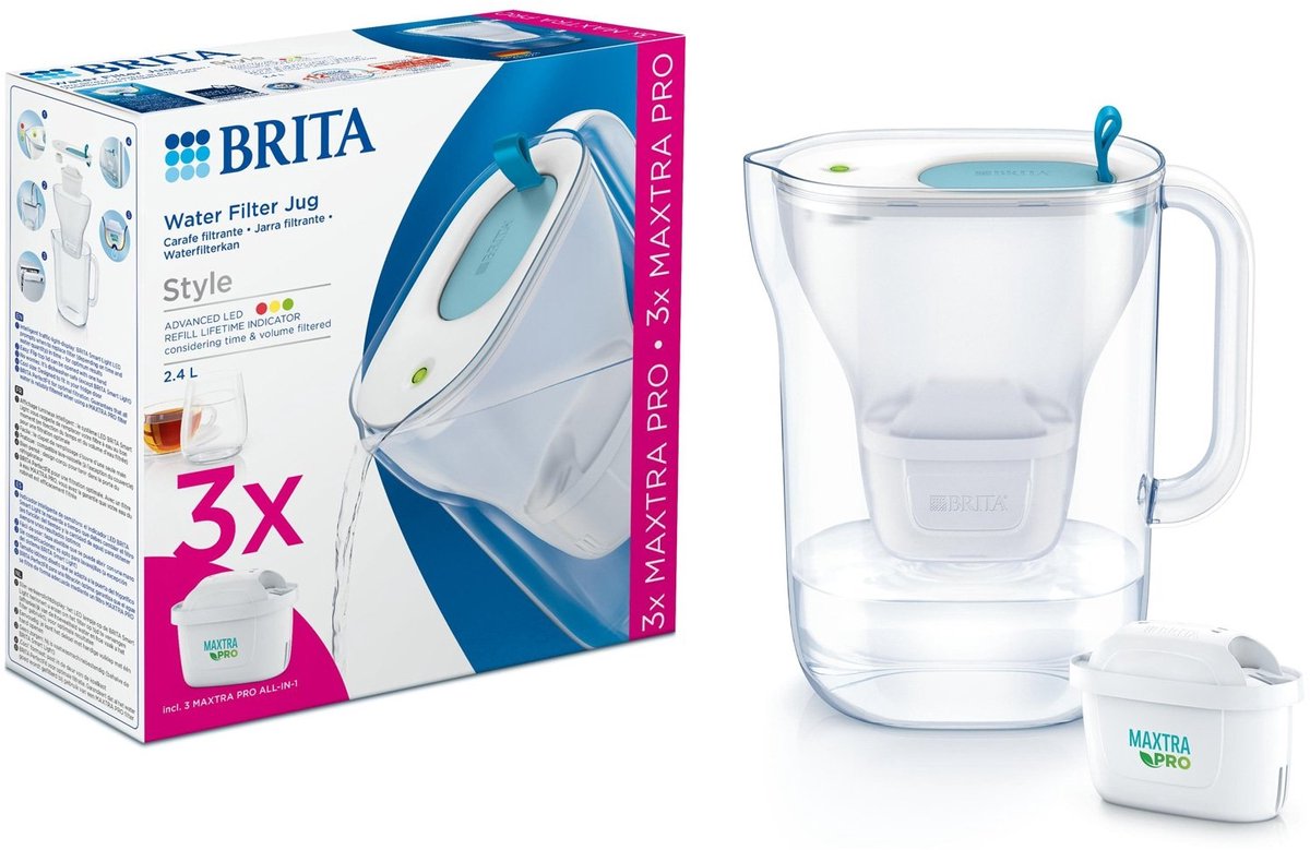 Brita - caraffa filtrante per l'acqua - style cool - 2,4 l - blu - incl. 3 cartucce filtranti maxtra pro all-in-1 - confezione risparmio