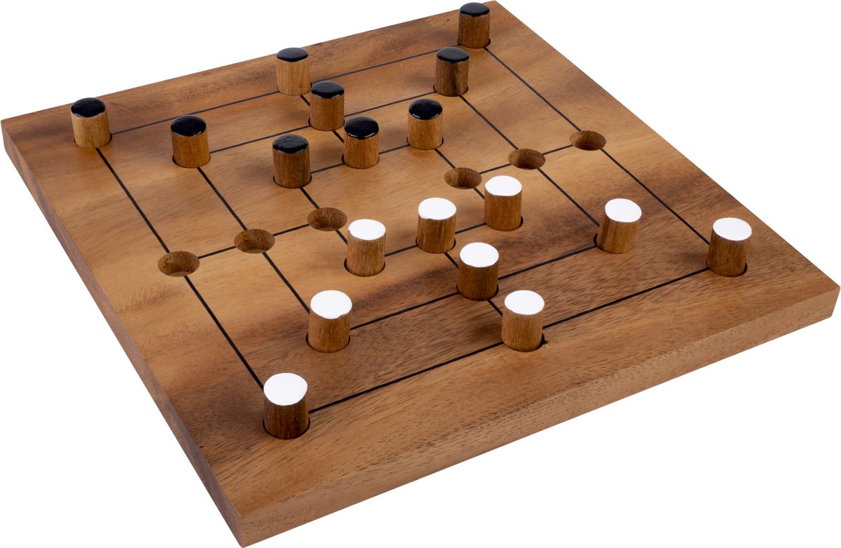 Engelhart nine men morris – houten bordspel – acaciahout – 18 pionnen – groot formaat – strategisch spel -