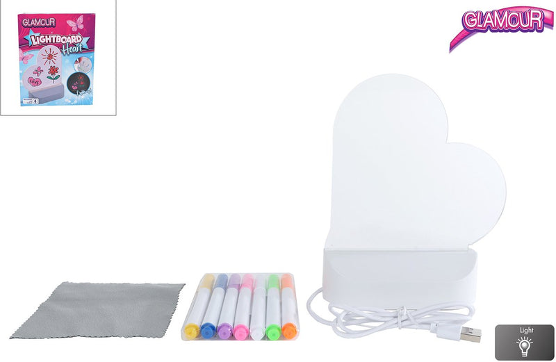 Lavagna luminosa glamour a cuore con connessione USB e 7 pennarelli, 16 cm