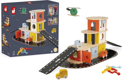 Janod - bolid - garaje de madera con caja de llaves - coches y helicóptero