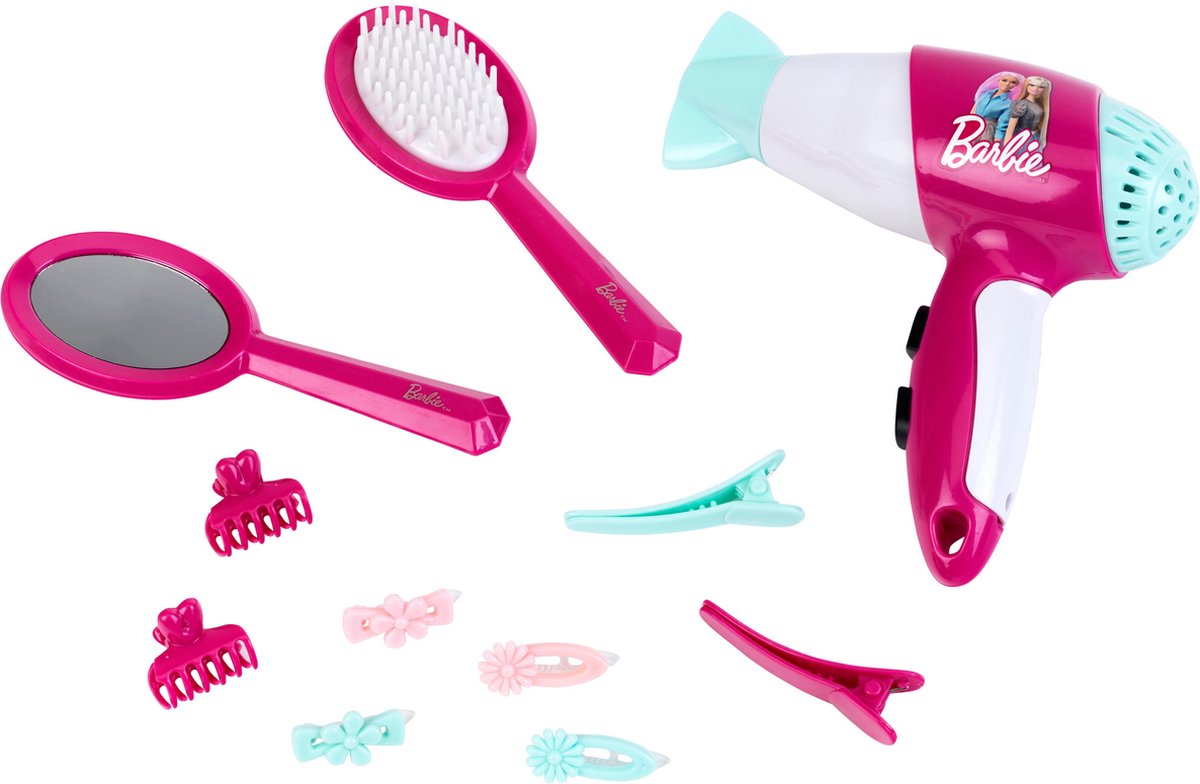 Klein Toys Barbie parrucchiere con asciugacapelli – soffia aria ed emette suoni – compresi accessori per capelli