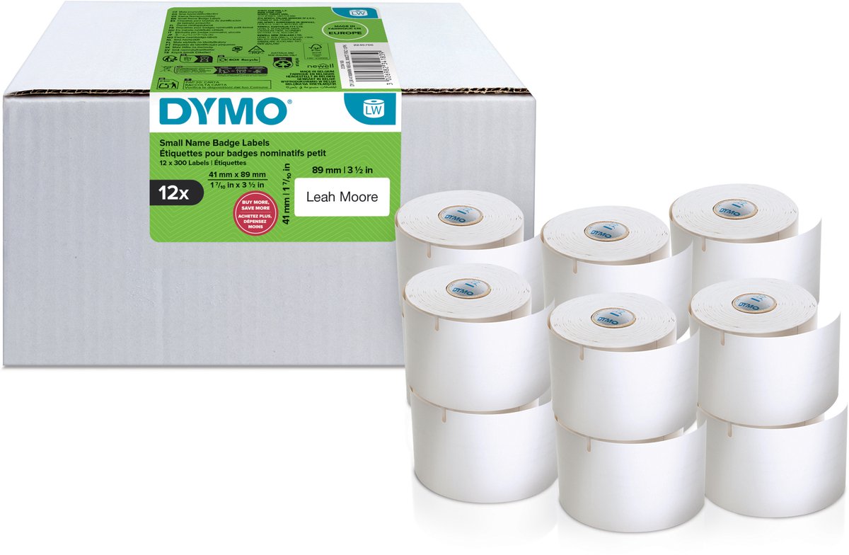 Etichette portanome piccole originali Dymo labelwriter | 41 mm x 89 mm | autoadesivo | 12 da 300 etichette ciascuno (3.600 etichette autoadesive) | per le stampanti per etichette labelwriter | prodotto in Europa