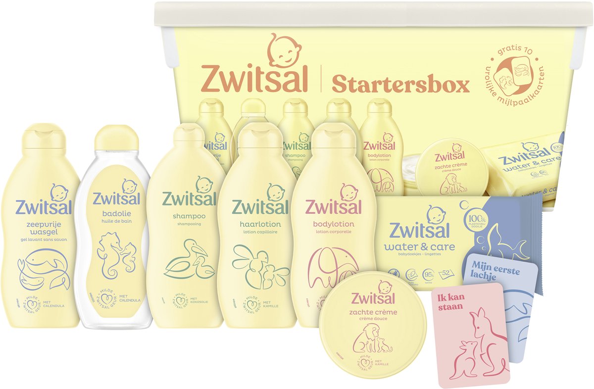 Zwitsal - Starter Box Baby - ipoallergenico, pH neutro per la pelle e dermatologicamente testato per pelli sensibili - 7 pezzi