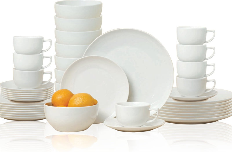 Servizio tavola Alpina per 8 persone - stoviglie terracotta 40 pezzi - servizio piatti con piatti colazione, piatti piani, ciotole, tazze e piattini - set stoviglie lavabile in lavastoviglie e adatto al microonde - bianco