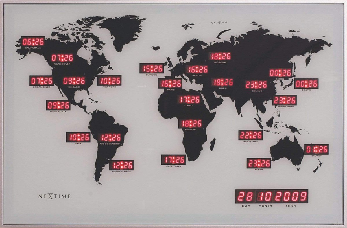 Cifra dell'ora mondiale Nexttime – orologio da parete – 55 × 36 cm – alluminio – rosso