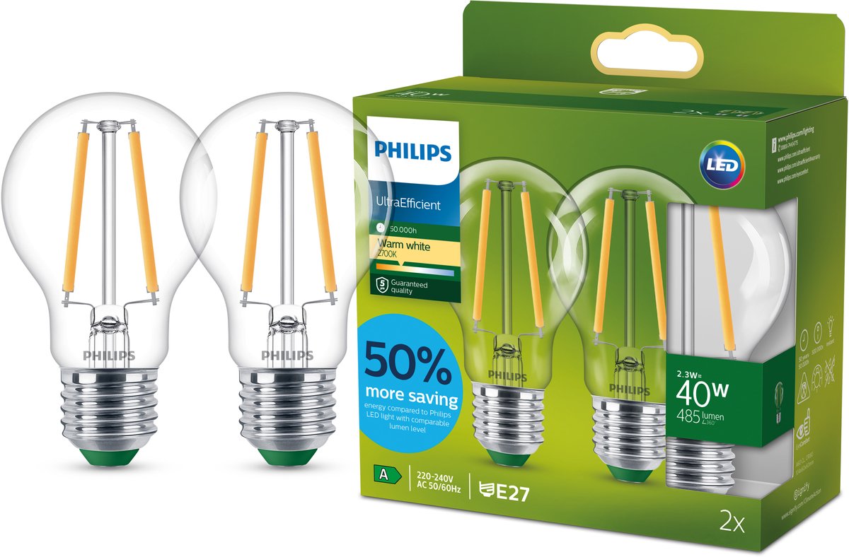 Lampada LED Philips a risparmio energetico trasparente - 40 W - E27 - luce bianca calda - confezione da 2 - risparmia sui costi energetici