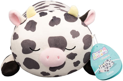 Squishmallow Jazwares - peluche medio (Colin - mucca bianca e nera con corna gialle e muso rosa - sonnambuli) - peluche da 25 cm
