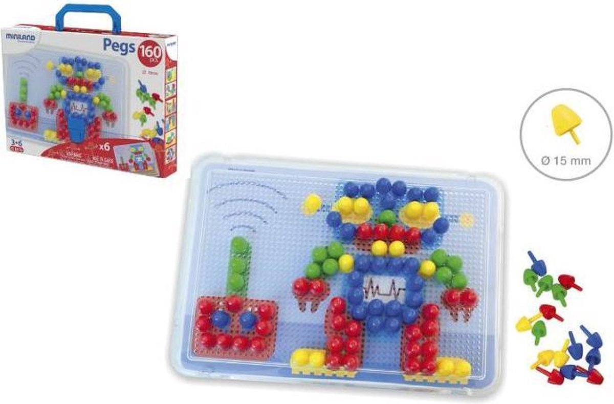 Miniland mozaïek pegs - 15mm - 160 pinnetjes - in doos met handvat - 3 jaar