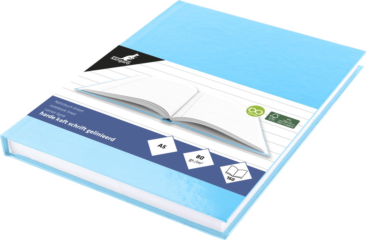Quaderno Kangaro - a5 - linea - 160 pagine - 80 grammi - copertina rigida - blu pastello - 5 pezzi - k-5387-5
