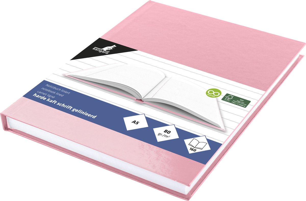 Quaderno Kangaro - a5 - linea - 160 pagine - 80 grammi - copertina rigida - rosa pastello - 5 pezzi - k-5383