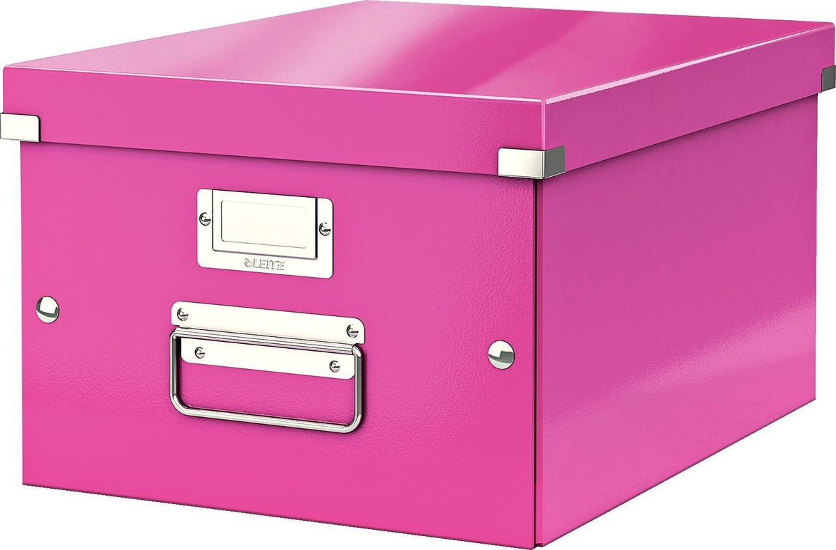 Caja de almacenamiento de cartón de tamaño mediano Leitz wow click store - 85% cartón reciclado - 28,1 x 37 cm (ancho x fondo) - para formatos a4 - ideal para la oficina y trabajar desde casa - rosa