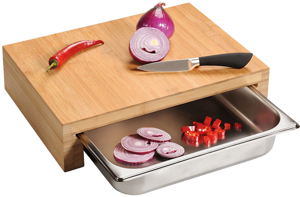 Tabla de cortar de madera de bambú Kesper fsc® con 1 cajón de acero inoxidable - Tabla de cortar elevada 2 en 1 con 1 cajón extensible de acero inoxidable en la parte delantera (bandejas recolectoras) - dimensiones. 37,5x27,5x9,5cm.