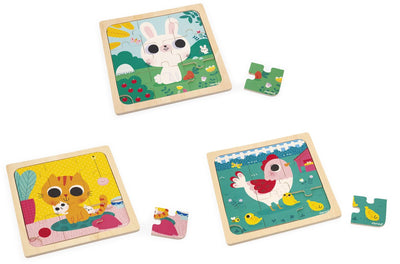 Janod - wooden puzzle - animal theme - 3 puzzles with 9 pieces