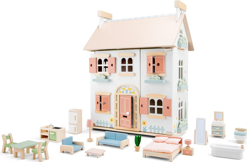 Casa delle bambole in legno Woet ® - completa di 20 mobili - casetta rosa pastello per bambini - FSC - giocattoli di ruolo - da 3 anni