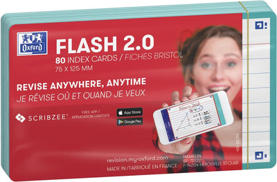 Oxford flash 2.0 - flashcard - a righe - a7 - bordo verde menta - 80 pezzi