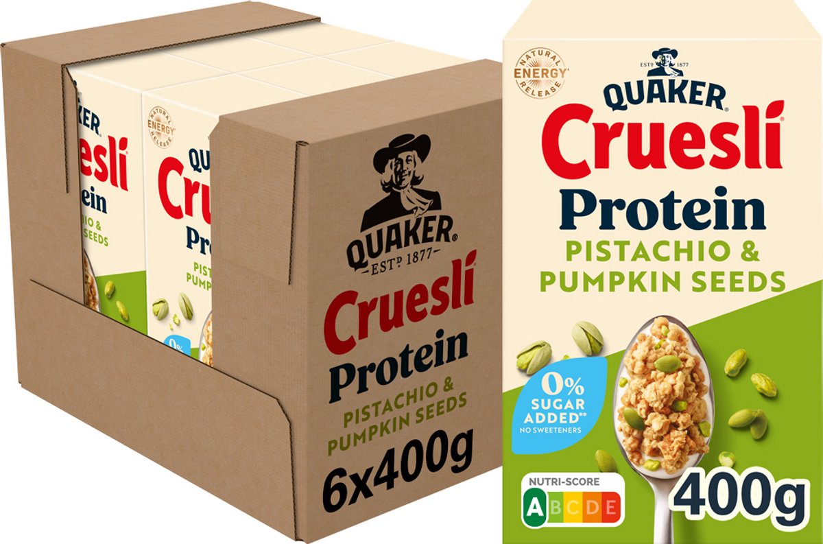 Quaker cruesli protein zero sugar added pistachio pumpkin seeds 6 x 400 gr