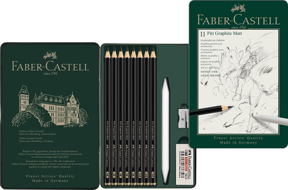 Set matite in grafite Faber-castell - pitt matt - 8 pezzi + gomma + piuma + temperino - nero opaco - fc-115220