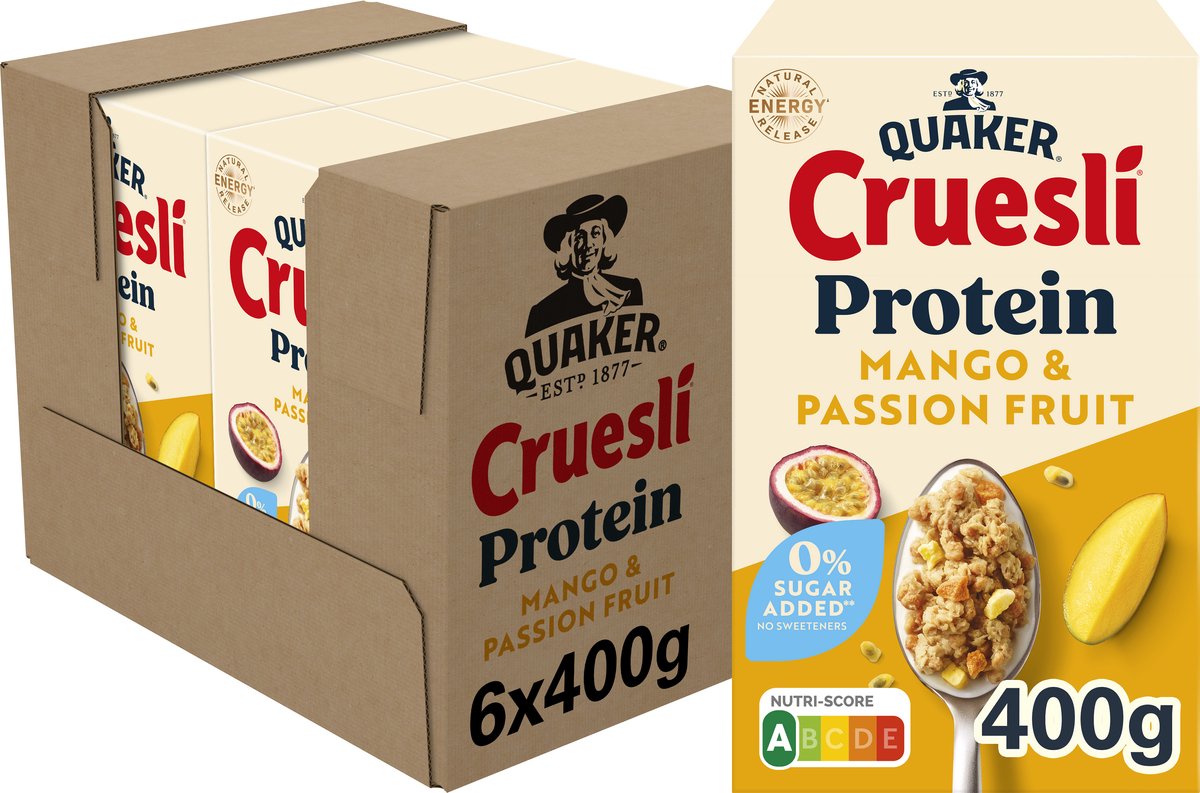 Quaker cruesli protein zero sugar added mango passion fruit 6 x 400 gr