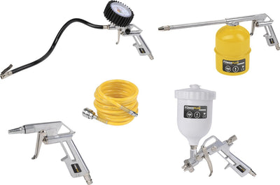 Juego básico neumático Powerplus powair0020 - 5 piezas - incl. pistola de lavado, pistola de inflado de neumáticos, pistola de aire, manguera en espiral y pulverizador de pintura