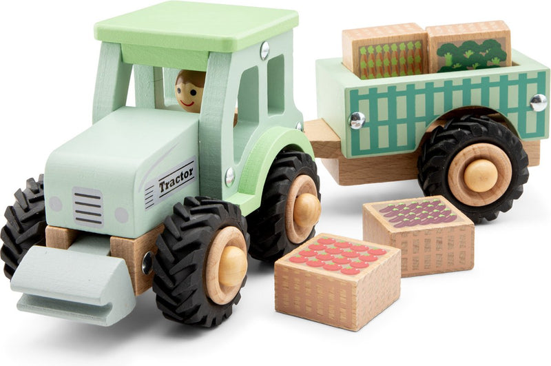 Nuevo tractor de madera Classic Toys® con remolque - incluye 4 cajas de verduras - verde - vehículo de juguete educativo - juguetes para juegos de rol - a partir de 18 meses