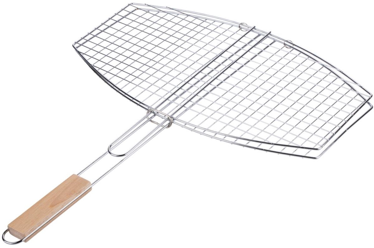Alpina barbecue grillrooster 55x45 cm - bbq grillmand met houten handvat - bbq accessoires voor vlees en groenten - zilver