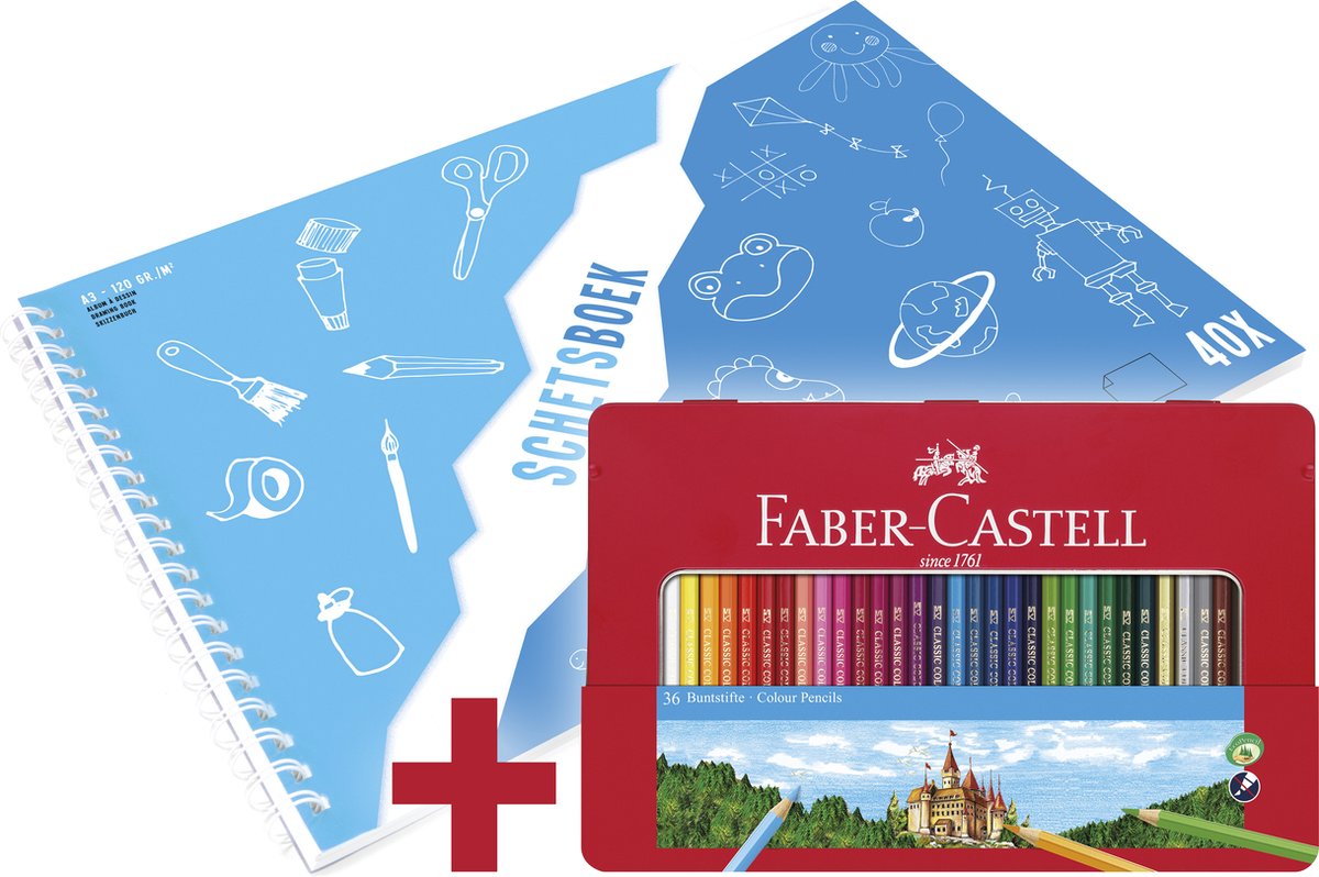 Faber-castell kleurpotloden set - castle - 36 stuks + a3 kangaro schetsboek - fc-115886-a