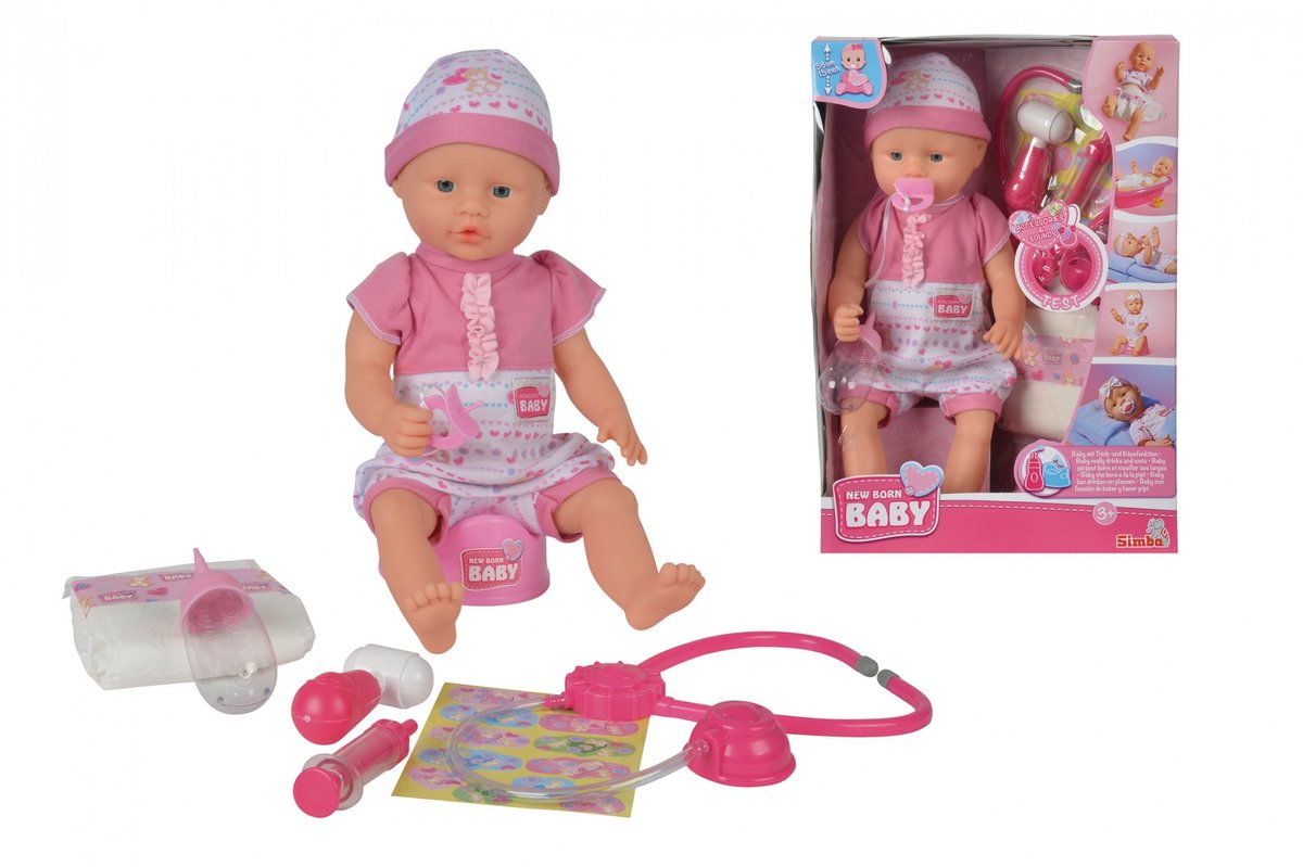 Simba neonato - bambola con accessori da dottore - stetoscopio con suono - funzione di bere e urinare - 38 cm - bambola