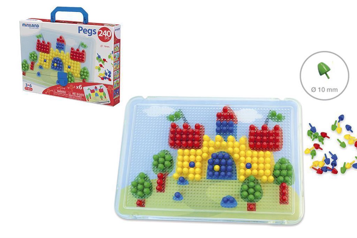 Mollette per mosaico Miniland - 10mm - 240 mollette - in scatola con manico - 3 anni