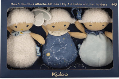 Kaloo doux sommeil - 3 schaapjes doudou knuffeldoekjes - drie schapen fopspeenhouders met elk hun eigen bijzonderheid en kleur, zodat baby het als knuffel kan gebruiken maar ook kan de fopspeen bevestigd worden aan het fijne lint