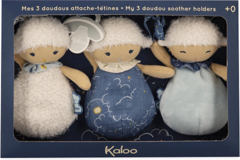 Kaloo doux sommeil - 3 mantas de peluche doudou de oveja - tres portachupetes de oveja, cada uno con su particularidad y color, para que el bebé pueda usarlo como peluche, pero el chupete también se puede fijar a la cinta fina