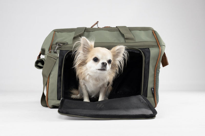 Bolsa de transporte para perros Flamingo hannah green – cómoda bolsa de transporte para perros con rejilla de ventilación, compartimentos de almacenamiento y mosquetón – 47x26,5x34 cm