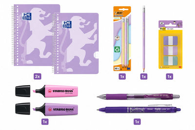 Oxford back to school - school set - lecture pad a4+, pens, highlighters index tabs - pupils and students - pastel purple