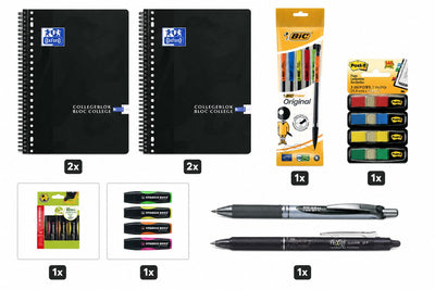 Various brands back to school - school set - lecture pad a4+, pens, highlighters, index tabs mechanical pencils - black