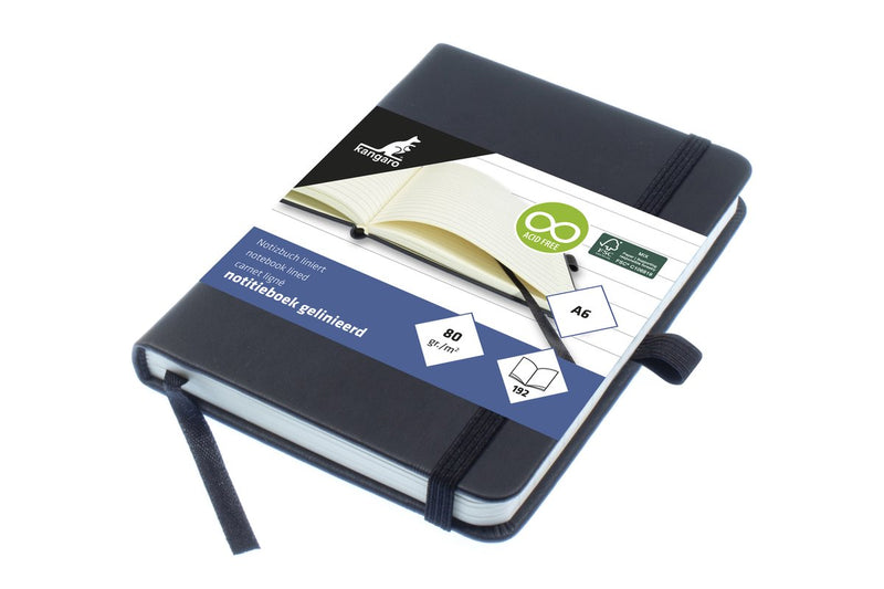 Cuaderno canguro - a6 - negro - con raya - con elástico, cinta y presilla para bolígrafo - k-552221