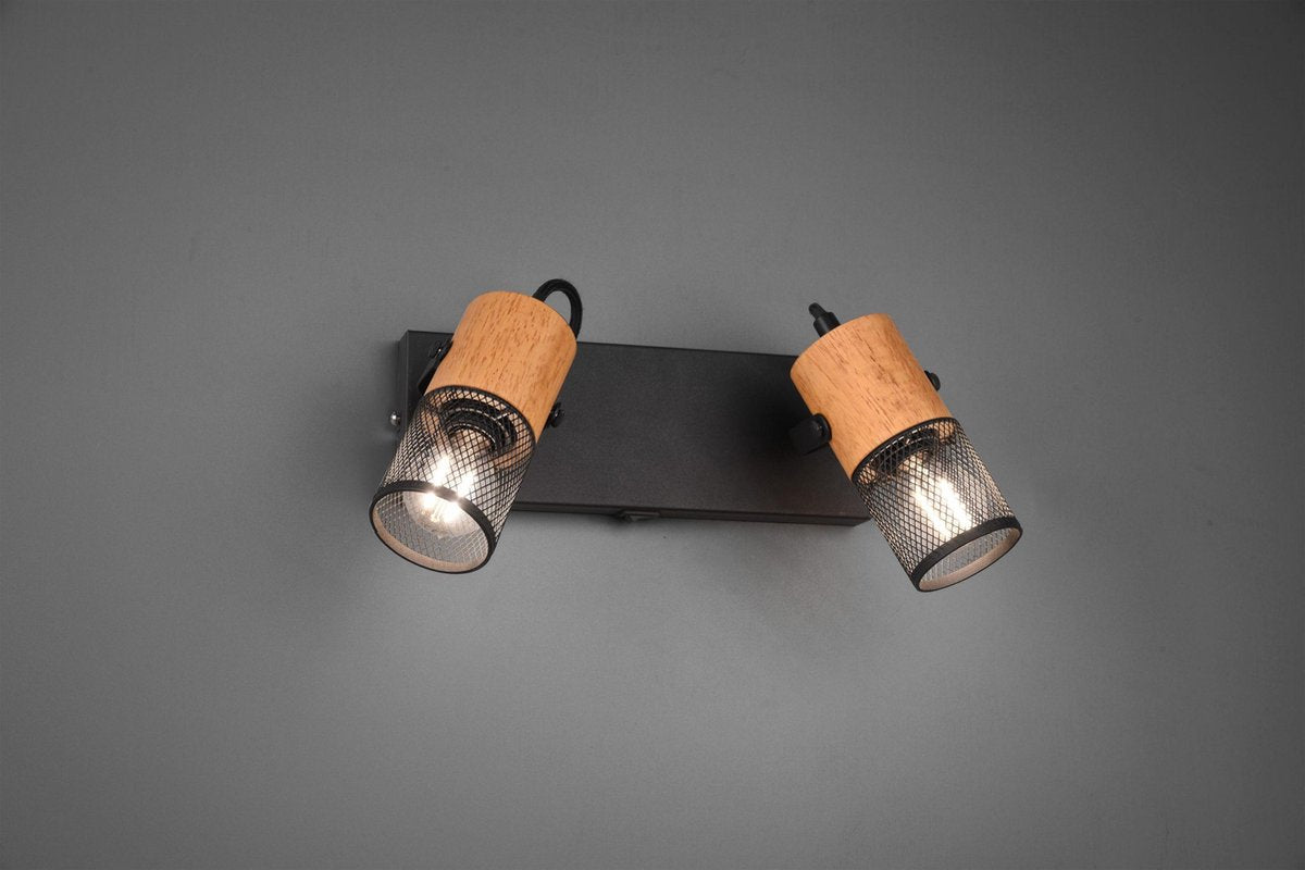 Trio tosh - spot - negro mate - excl. 2x e14 15 w - foco de pared con interruptor - elementos de madera