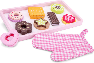 Set da gioco Woet ® in legno "biscotti da forno" - set di giocattoli con 8 biscotti, vassoio e guanto da forno - giocattoli da forno per bambini - cibo giocattolo - da 2 anni