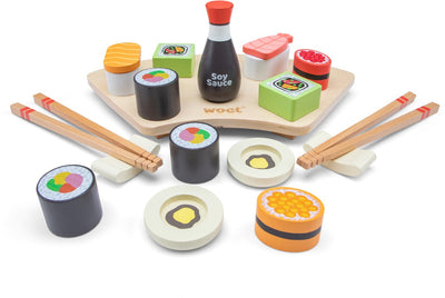 Woet ® Set de juego de sushi de madera - Juguetes japoneses de 21 piezas - Incluye palillos, salsa de soja y tabla para servir - Comida de juguete - Juguetes de cocina educativos - A partir de 3 años